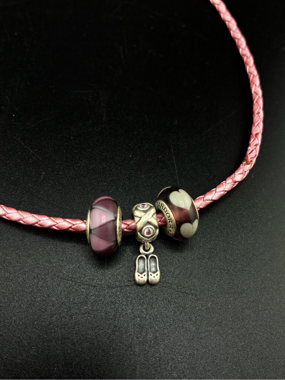 Pandora Pink Braided Necklace with pink/purple Bead Charms and Ballet slippers - Picture 4 of 14